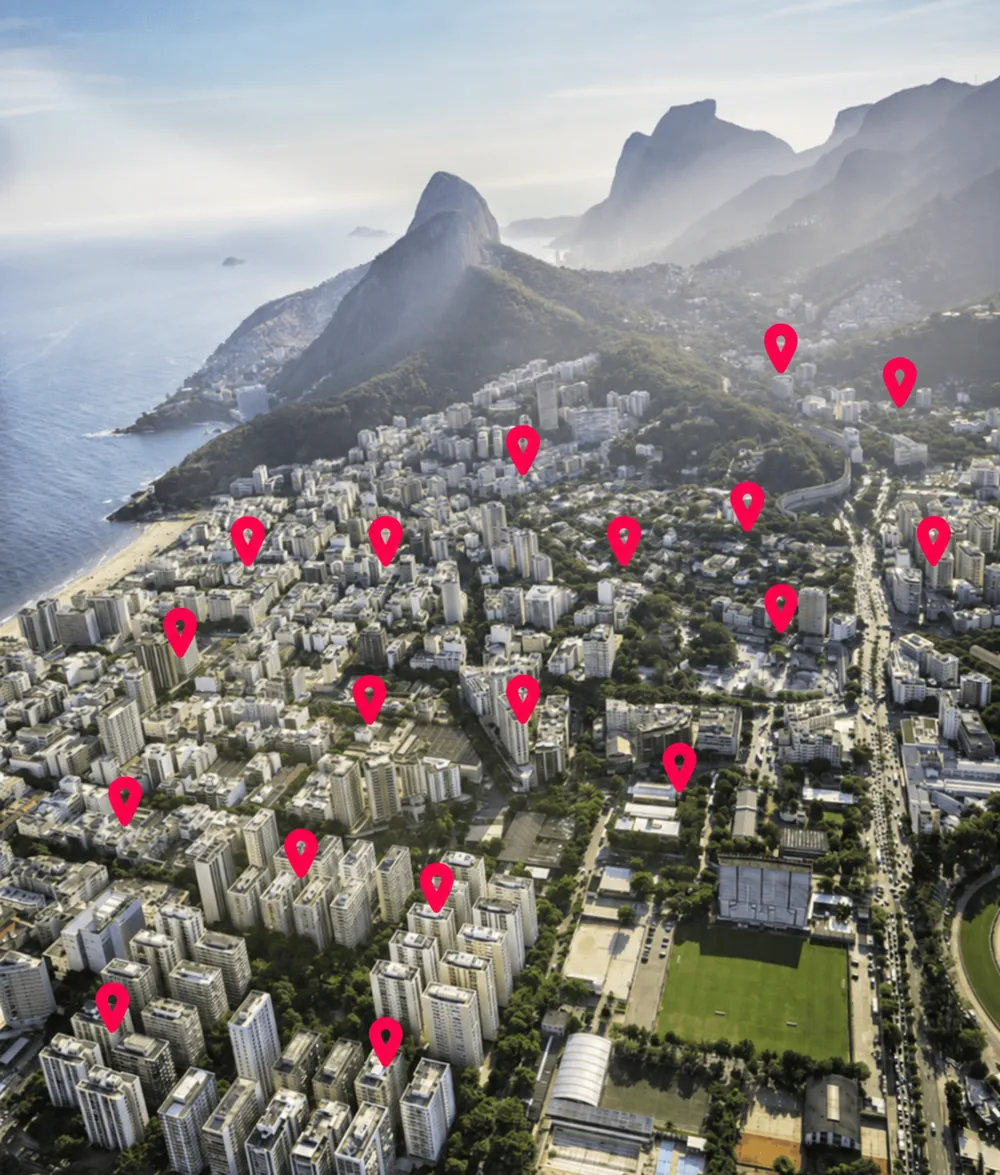 Vista aérea do Rio de Janeiro com os restaurantes parceiros do Bizuu