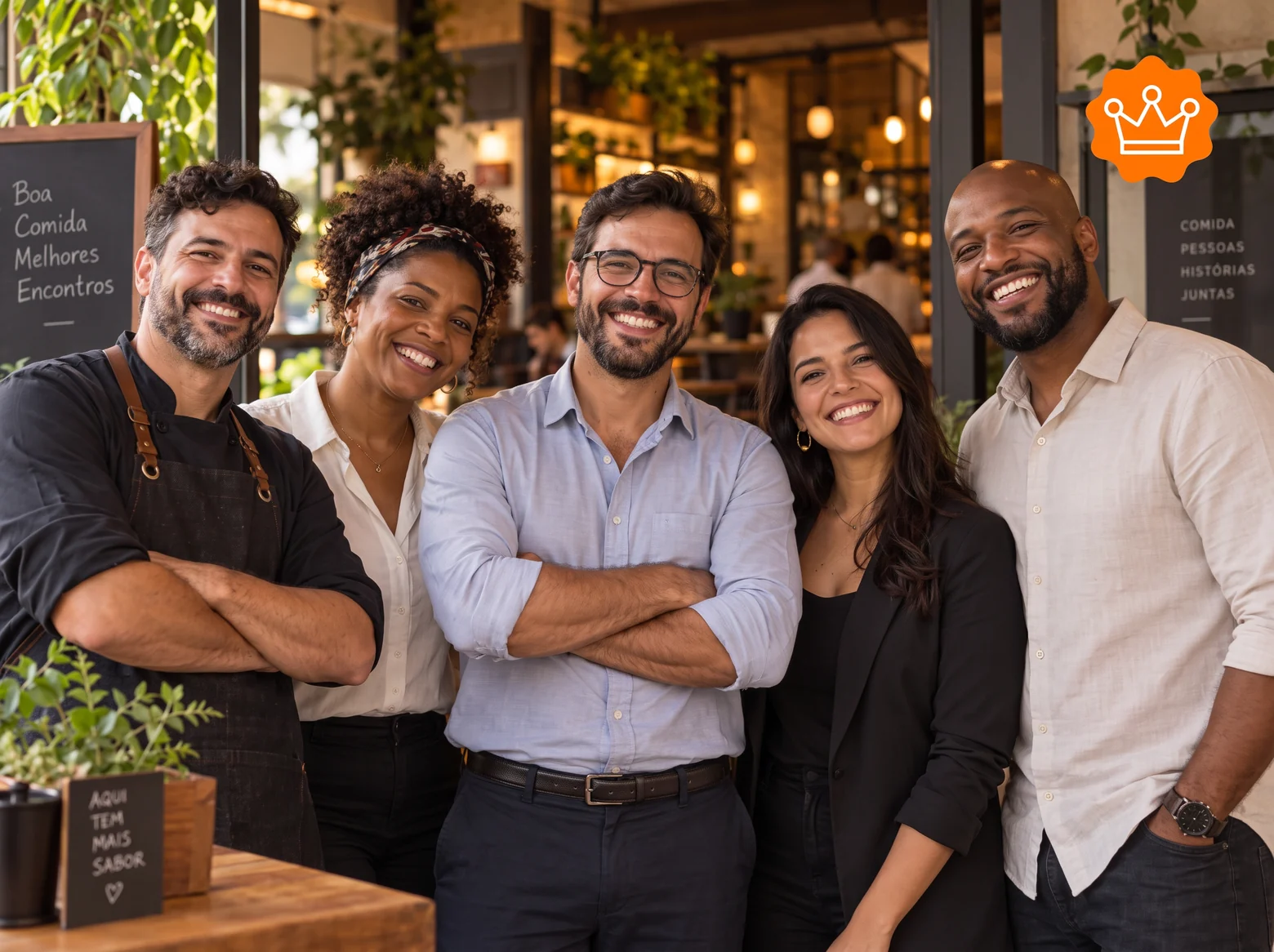 Equipe de restaurante sorrindo na entrada do estabelecimento, com o selo da Bizuu no canto