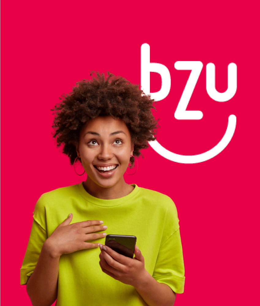 design mulher no celular e logo bizuu sobre o app