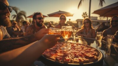 grupo comendo pizza e cerveja